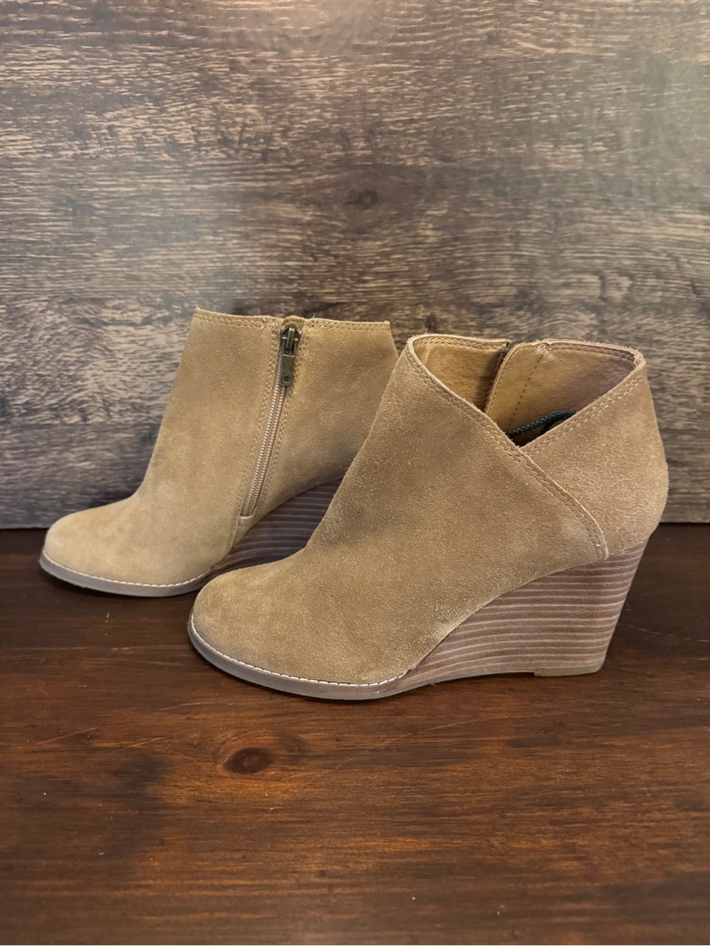 Lucky Brand Yakeena Suede Wedge Ankle Booties - Tan